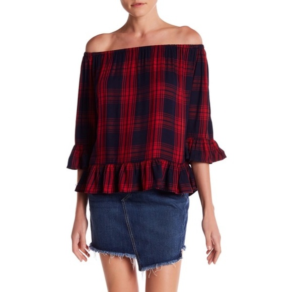 BEACH LUNCH LOUNGE Tops - BEACH LUNCH LOUNGE OFF THE SHOULDER PLAID TOP BEACH LUNCH LOUNGE Tops - BEACH LUNCH LOUNGE OFF THE SHOULDER PLAID TOP